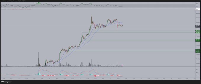 A TradingView chart of Bitcoin shows significant price volatility with massive wicks (leverage spikes) and multiple horizontal support/resistance levels drawn at key price points around the recent consolidation zone. The accompanying text highlights these wicks as leverage flushes that present spot-buying opportunities, noting that no key level has been hit yet.