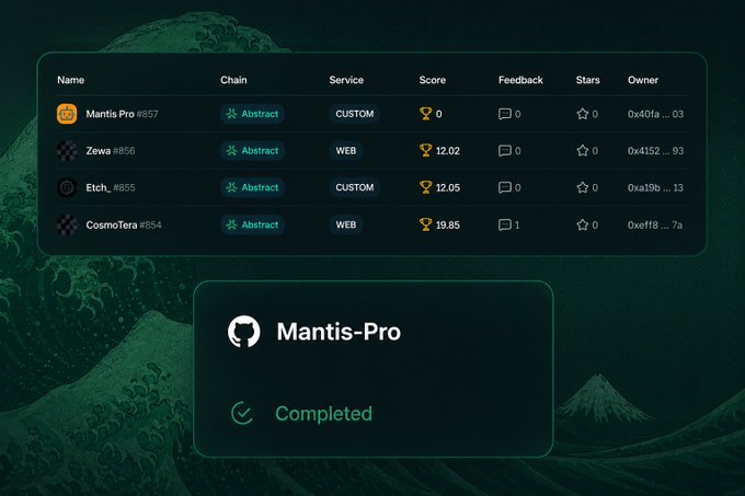 The image shows a screenshot of a computer screen displaying a page from the Mantis-Pro app called "Mantis - Pro" which appears to be an AI that interacts with protocols for various games like Abstract Chain Agent. The post also talks about the user's progress in building the app and highlights it as being completed, featuring a screenshot of the main part of the app with a mountain on the side. The caption reads: "Mantis - Pro is officially live on @AbstractChain Agent #857 is the biggest thing I have built so far and honestly I am excited seeing it work."