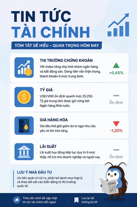 A Vietnamese-language financial news infographic titled 'TIN TỨC TÀI CHÍNH' summarizing daily market data including VN-Index up 0.45%, stable USD/VND at 25,250, oil price down 1.20%, and stable interest rates.