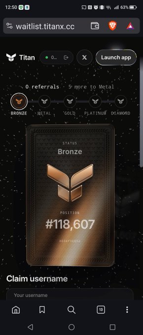 A mobile screenshot of the website waitlist.titanx.cc displaying a 'Titan' referral dashboard with '0 referrals', a tier progress bar from 'BRONZE' to 'DIAMOND', and a current 'Bronze' status card showing position '#118,607'.
