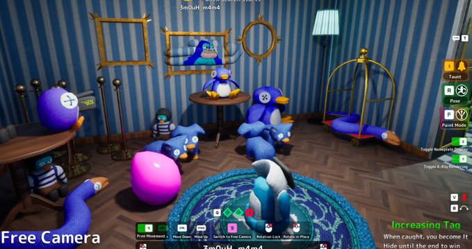 The image shows a room filled with blue penguin plushies, frames, and decorative items, with a "Free Camera" label and various UI controls visible, including "3m0uH_m4m4" text. The scene reflects the post's theme of a "Ronke Artist" game, where the player has decorated a virtual room with penguin-themed items in a playful, camouflaged style.