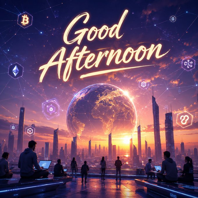 A futuristic cityscape at sunset with people working on laptops while looking at a glowing holographic globe, overlaid with the golden script text "Good Afternoon" and floating Web3/crypto icons like Bitcoin and Ethereum symbols. The image visually reinforces the post's message about building real value in Web3 infrastructure rather than treating it like gambling.