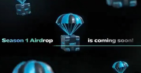 A digital graphic announcing "Season 1 Airdrop is coming soon!" featuring glowing blue parachutes delivering boxes labeled "MINT."