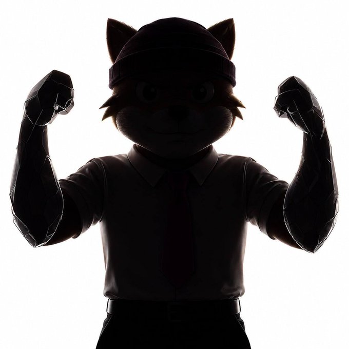 A silhouetted anthropomorphic fox character wearing a beanie, tie, and mechanical arms poses with raised fists against a white background.