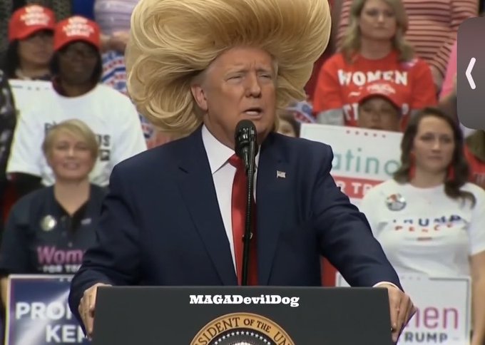 A digitally altered image depicts Donald Trump with exaggeratedly large, blonde hair, featuring the watermark "MAGADevilDog." The image is paired with a cryptic alphanumeric string, likely serving as a promotional code or identifier for the accompanying post.