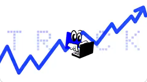 A blue pixelated rising line graph with an animated 'B' character on a laptop, with the word 'TREND' in the background.