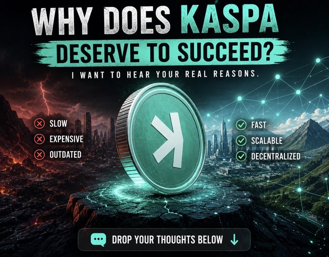 The image poses the question "WHY DOES KASPA DESERVE TO SUCCEED? I WANT TO HEAR YOUR REAL REASONS," highlighting Kaspa ($KAS) as fast, scalable, and decentralized versus traditional slow, expensive, outdated systems. It serves as a visual prompt inviting viewers to share their one-sentence arguments for why someone should buy $KAS, reinforcing the post's challenge with bold green-themed crypto imagery.