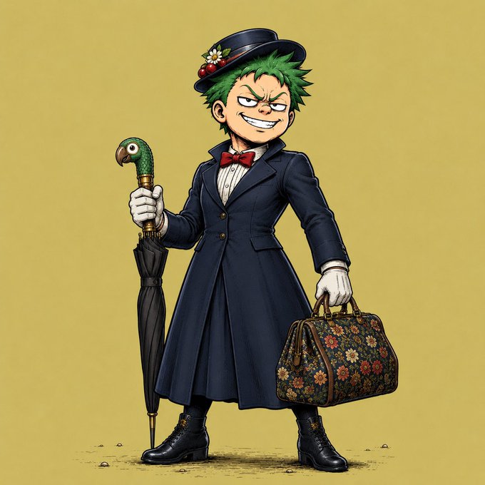 An anime-style illustration of a green-haired character in a Victorian-style dark coat, top hat with flowers, holding an umbrella with a parrot handle and a floral travel bag.