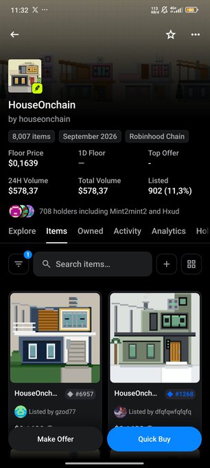 A mobile app screenshot from OpenSea displays the 'HouseOnchain' collection with 8,007 items, a floor price of $0,1639, and listing options for digital house NFTs.