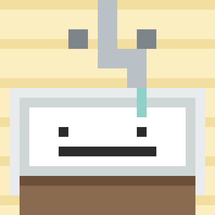 A pixel art image of a gray machine or appliance with a digital face display on a light yellow striped background.