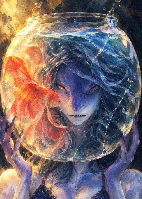 A watercolor-style illustration of a blue-skinned humanoid figure holding a fishbowl containing water, a red goldfish, and the figure's own face with long flowing hair.