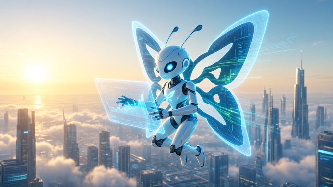 A futuristic, glowing blue butterfly-like humanoid robot with antennae holds a translucent holographic display while flying above a futuristic cityscape at sunrise.