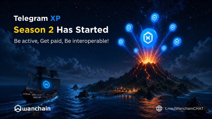 Promotional graphic for Wanchain's 'Telegram XP Season 2 Has Started' featuring a volcanic island with glowing hexagons and a pirate ship at night, with tagline 'Be active, Get paid, Be interoperable!' and a link to t.me/WanchainCHAT.
