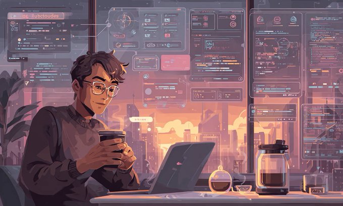 The image features a man sitting at a desk with his laptop open, holding a coffee cup in front of him. The background shows an urban cityscape with buildings and a sunset, creating a serene atmosphere. The caption for this image reads "Focus on what is in the image and how it relates to the post".