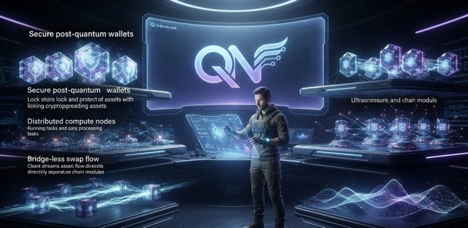 A futuristic technology display featuring 'Q-Vaultwork' logo with features including 'Secure post-quantum wallets,' 'Distributed compute nodes,' 'Bridge-less swap flow,' and 'Ultrasecure chain modules.'