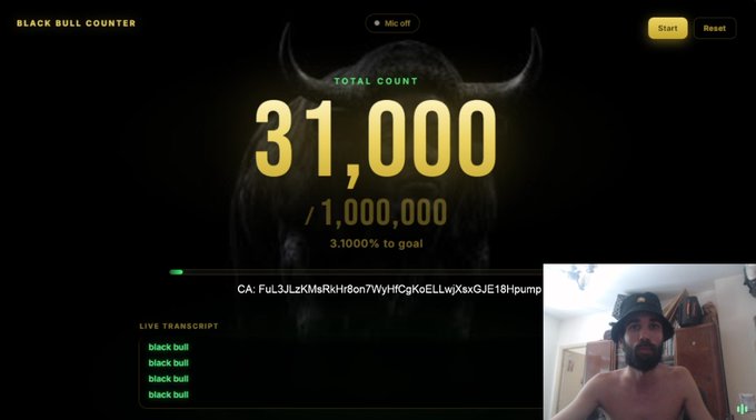 A 'Black Bull Counter' screen displays a TOTAL COUNT of 31,000 / 1,000,000 (3.1000% to goal), with a small video feed of a shirtless man in a bucket hat in the corner.