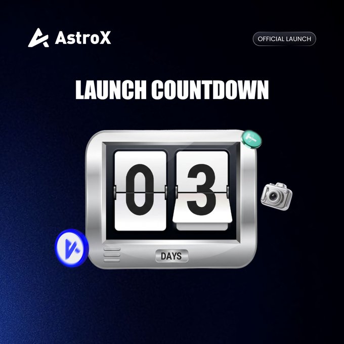 A promotional image for AstroX featuring a 3D flip clock countdown showing '03 DAYS' until the official launch, set against a dark blue background.