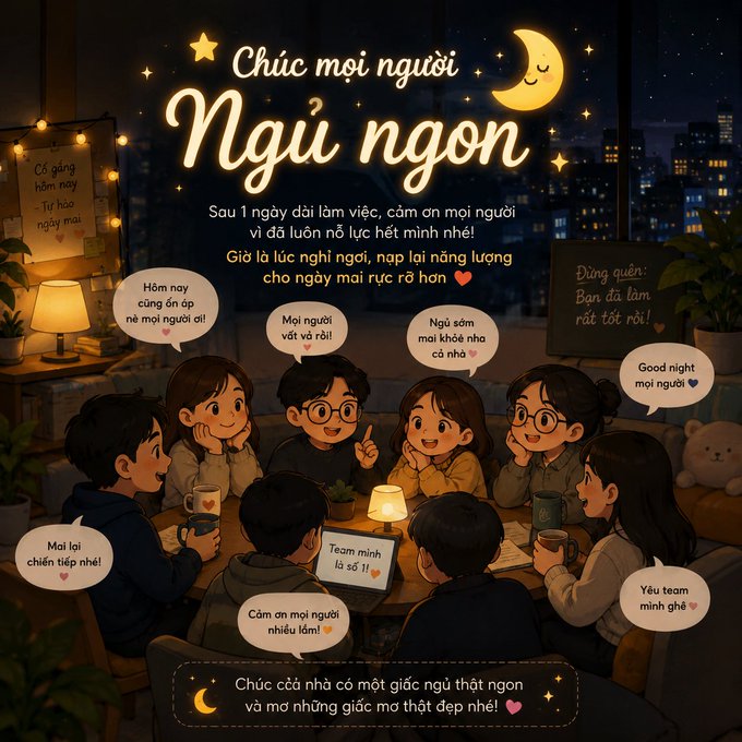 A Vietnamese-style 'Chúc mọi người Ngủ ngon' (Good night) illustration showing a group of cartoon friends chatting around a table at night, surrounded by speech bubbles with encouraging messages and moon/star decorations.