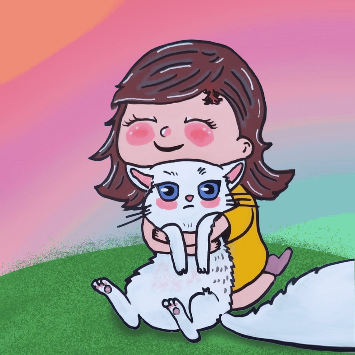 The image features a girl sitting on the ground with her cat, both of them smiling at each other. The girl has brown hair and is wearing a yellow shirt. The cat is white and appears to be enjoying the moment as well. The background of the image shows a pink and blue gradient sky, adding a vibrant touch to the scene. The caption reads "GM My friends Open Edition #5 Minted Rainbow Reverie 1".