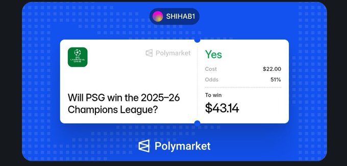 The image displays a post about a sports event, specifically discussing whether or not PSG will win the 2021-2022 Champions League. The poster shows a poll with two options for whether PSG will win: Yes (Win $43.14) or No (Lose $22). The image also contains some text that reads "Will PSG win the 2035-26 Champions League? Yes", which is in green on the poster, and another option stating "Costs Will be @ $4.91".