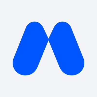 A simple blue logo featuring a stylized 'M' or mountain shape made of two rounded triangular forms on a light gray background.
