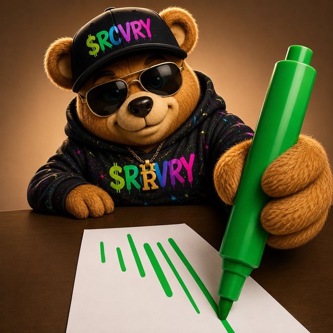 A cartoonish 3D-rendered brown teddy bear wearing sunglasses, a black cap reading '$RCVRY', and a matching shirt with '$RVRY' text, holding an oversized green marker to draw lines on paper.