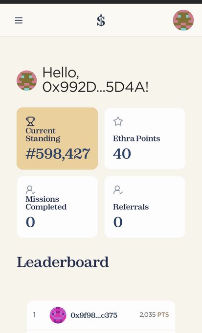 A user profile dashboard displaying 'Hello, 0x992D...5D4A!' with a current standing of #598,427, 40 Ethra Points, and a partial leaderboard.