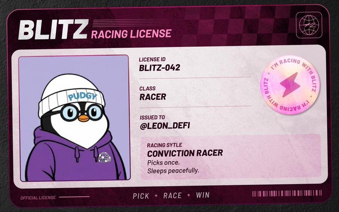 A digital "BLITZ RACING LICENSE" card featuring a Pudgy penguin character wearing glasses and a beanie, with License ID BLITZ-042, Class Racer, Issued to @LEON_DEFI, and Racing Style "CONVICTION RACER".