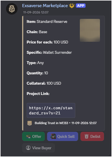 A screenshot of a Discord message from Exsaverse Marketplace listing a Standard Reserve item on Base chain at 100 USD per unit with 10 quantity available.