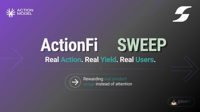 A purple gradient promotional graphic displays 'ActionFi SWEEP' with the tagline 'Real Action. Real Yield. Real Users.' and notes that it rewards 'real product usage instead of attention,' tagged with '@0xdnll'.