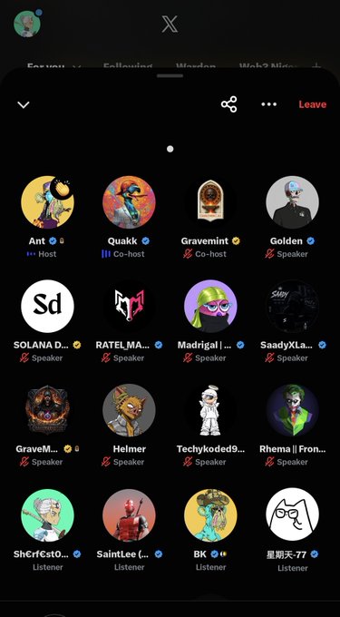 A Twitter Spaces interface showing participants in the 'AntHood' space, including hosts Ant, Quakk, and Gravemint, with various speakers and listeners shown as avatar icons.