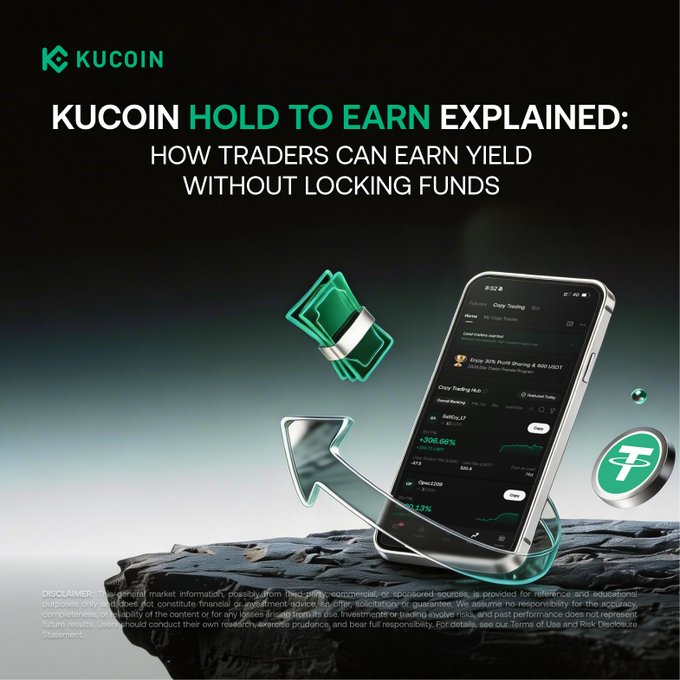 A KuCoin promotional graphic featuring the headline "KUCOIN HOLD TO EARN EXPLAINED: HOW TRADERS CAN EARN YIELD WITHOUT LOCKING FUNDS," with a smartphone displaying the app's "Daily Trading" hub showing yields of "+306.68%" for $AIDOGE and "+82.17%" for $Gwei2,000, alongside floating stack-of-cash and USDT icons on a rocky platform. The image visually reinforces the post's message by showcasing the seamless, in-app earning feature that allows traders to generate yield on balances in Spot, Margin, Futures, and Funding accounts without locking up their funds.