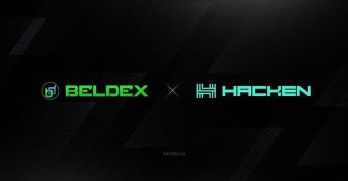 The image is a partnership announcement graphic featuring the BELDEX logo on the left and the HACKEN logo on the right, separated by an "X" symbol on a dark diagonal-striped background, with "beldex.io" displayed at the bottom. The visual corresponds to the post's announcement of Beldex's collaboration with Hacken for penetration testing of its new Bridge, emphasizing the security-focused partnership between the two blockchain entities.