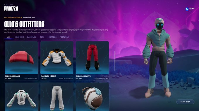 A 'Piloto721' shop interface for 'Olilo's Outfitters' showing apparel items like a 'Bilx Blix Beanie' and 'Bilx Blix Hoodie' alongside a character in a blue hoodie and helmet.