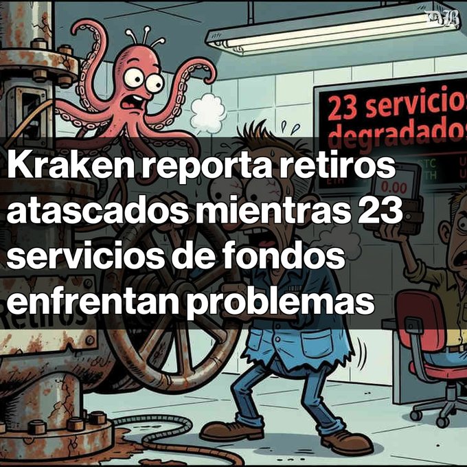 A Spanish-language crypto news graphic reading 'Kraken reporta retiros atascados mientras 23 servicios de fondos enfrentan problemas,' overlaid on a cartoon of an octopus operating machinery in a degraded factory setting.