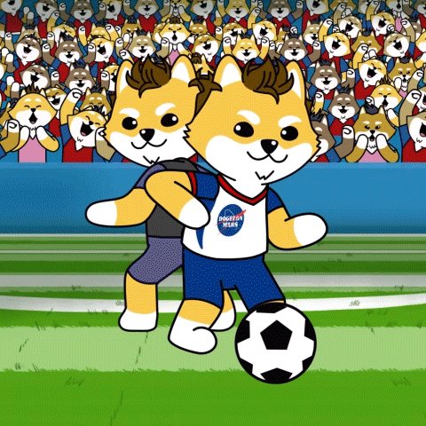 ikura, a Shiba Inu dog, plays soccer with a black and white ball on a green field, surrounded by a crowd of cheering fans.