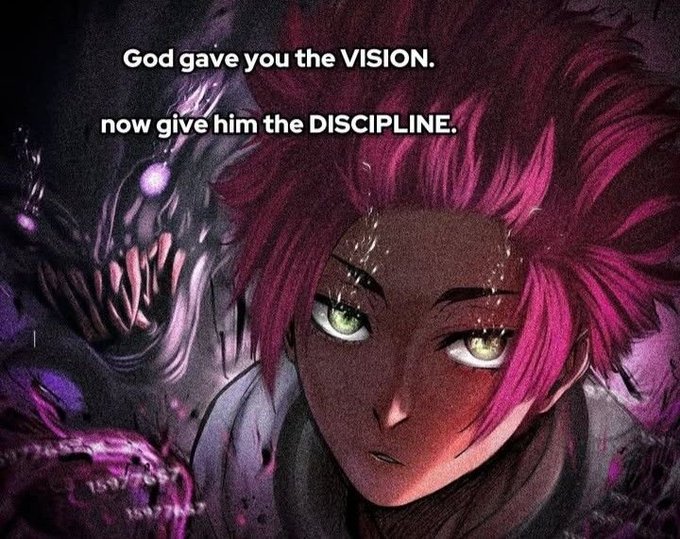 An anime-style image of a character with bright pink hair and green eyes, with text reading "God gave you the VISION. now give him the DISCIPLINE."