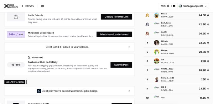 The image shows a quipnetwork dashboard where user "triuanglange99" is ranked #101 on the Mindshare Leaderboard with 11,500 points, featuring tasks like "Invite Friends" (10% referral earnings) and daily X/Twitter posting, which aligns with the post about maintaining a top 200 position without active posting for nearly 2 months.