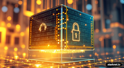 A 3D rendered glass cube displaying a digital padlock symbol, surrounded by glowing orange code, binary data, and circuit patterns on a dark background, with 'starknet.io' text in the corner.