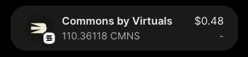 The image shows a digital wallet or exchange asset card displaying "Commons by Virtuals" with a balance of 110.36118 CMNS, valued at $0.48, indicating the user received this VIRTUAL (CMNS) airdrop from @AndrewAsksHow that they credit with transforming their life.
