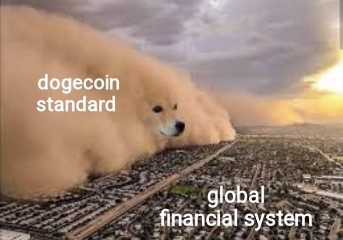 A comically oversized Shiba Inu dog towers over a sprawling cityscape at sunset, labeled "dogecoin standard" looming ominously over the "global financial system." The meme humorously exaggerates the poster's optimism about Dogecoin eventually overtaking traditional finance, visually depicting the cryptocurrency as a massive force dwarfing the world economy.
