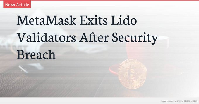 A news article header titled "MetaMask Exits Lido Validators After Security Breach" with a faded background image of a Bitcoin and coffee cup.