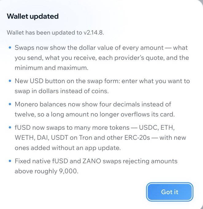 A 'Wallet updated' notification screen showing version v2.14.8 update notes including new USD swap button, Monero balance changes, expanded fUSD token swaps, and bug fixes for fUSD/ZANO swaps.