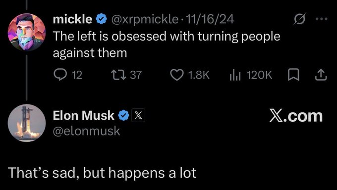 A screenshot of an X (formerly Twitter) post by user @xrpmickle dated 11/16/24 reading "The left is obsessed with turning people against them" (with 12 replies, 37 reposts, 1.8K likes, and 120K views), followed by Elon Musk (@elonmusk) replying "That's sad, but happens a lot." The interaction highlights Elon Musk's engagement with XRP community commentary.