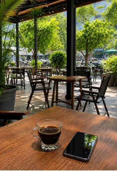 A peaceful outdoor café scene with a wooden table in the foreground holding a glass cup of dark coffee and a smartphone, with empty tables, lush green trees, and parked motorbikes visible through the open-air seating area.