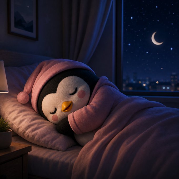 The image features a cute penguin sleeping peacefully on a bed with a pink blanket. The penguin appears to be wearing a pink hat, which adds to its adorable appearance. The background of the image shows a city skyline at night, providing an urban setting for this scene. The caption "good night if you gn another day is done. not everything went perfectly, but you’re still here, still moving forward. that alone is progress." suggests that the penguin's peaceful slumber represents a sense of accomplishment or progress in life despite any setbacks or challenges faced earlier.