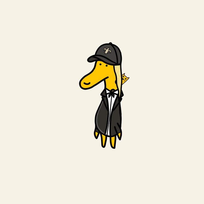 A cartoon illustration of a yellow duck-like character wearing a black baseball cap and a dark jacket, with a small dragon or dinosaur peeking out from behind its head. The post is dedicating this quirky art piece to a user named @nobsfud, suggesting the character represents them despite no longer being affiliated with the Avalanche project.