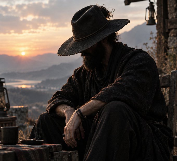 A bearded man in tattered dark clothing and a wide-brimmed straw hat sits contemplatively at sunset against a mountainous landscape.