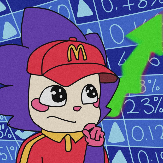 A cartoon character with purple hair, wearing a red McDonald's cap, looks anxiously at a green upward arrow against a background of percentage gains (0.48%, 0.4%, 8%, 2.3%, 0.1%). The image humorously plays on the post's theme of "chogs" (crypto/yield farmers) watching their investments grow, suggesting the character's reaction to gains made effortless through meme coin success.