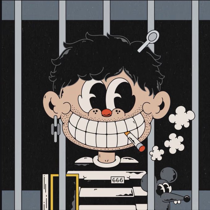 A cartoon character with dark curly hair, a wide toothy grin, and a cigarette sits behind prison bars, with the number '666' visible on the bench.